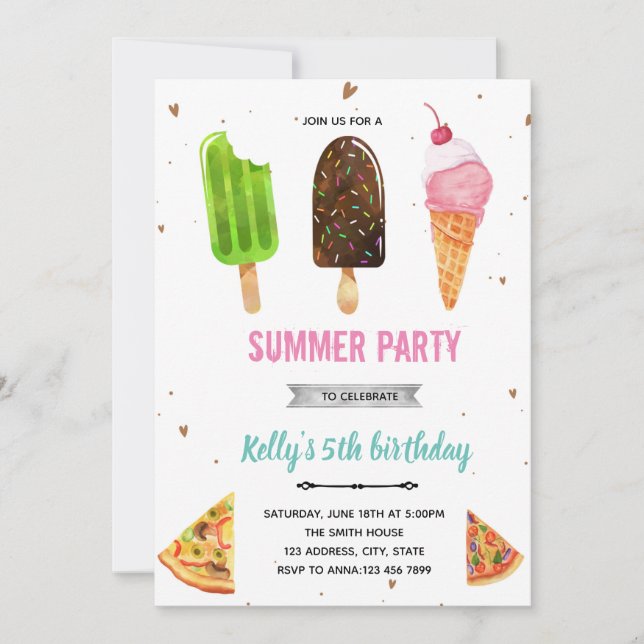 Invitación de cumpleaños de pizzas y helados (Anverso)