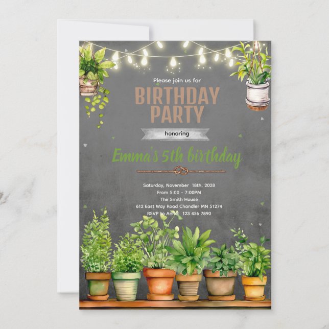invitación de cumpleaños de plantas (Anverso)
