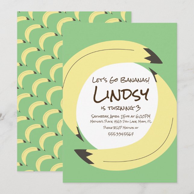 Invitación de cumpleaños de plátano verde amarillo (Anverso / Reverso)