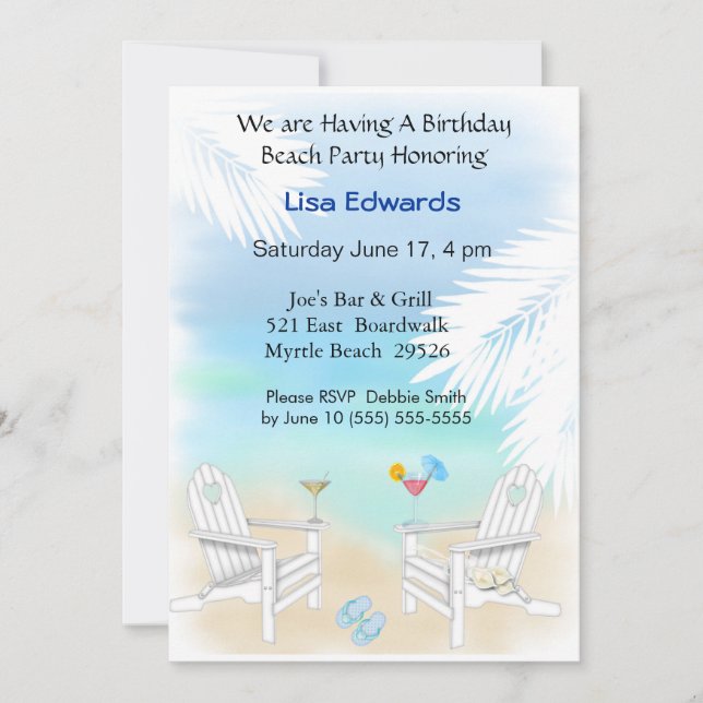 Invitación de cumpleaños de playa (Anverso)