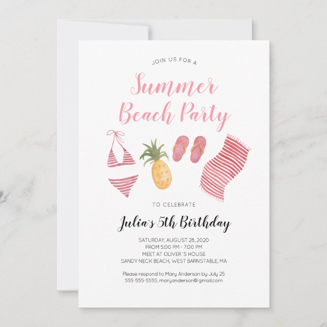 Invitación de cumpleaños de playa con acuarela (Anverso)