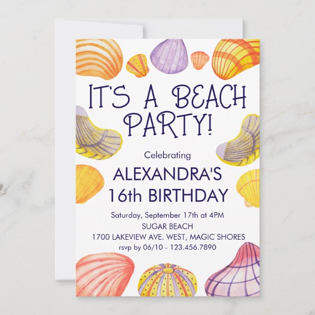 Invitación de cumpleaños de playa con conchas acuá (Anverso)