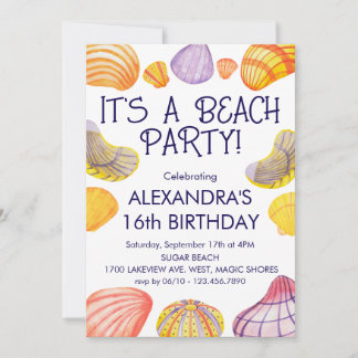 Invitación de cumpleaños de playa con conchas acuá