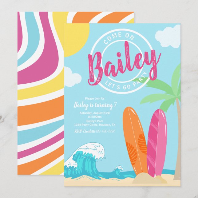 Invitación de cumpleaños de playa | Invitación a l (Anverso / Reverso)