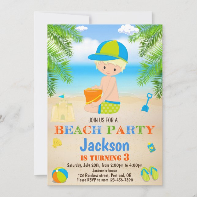 Invitación de cumpleaños de playa Invitación de ni (Anverso)