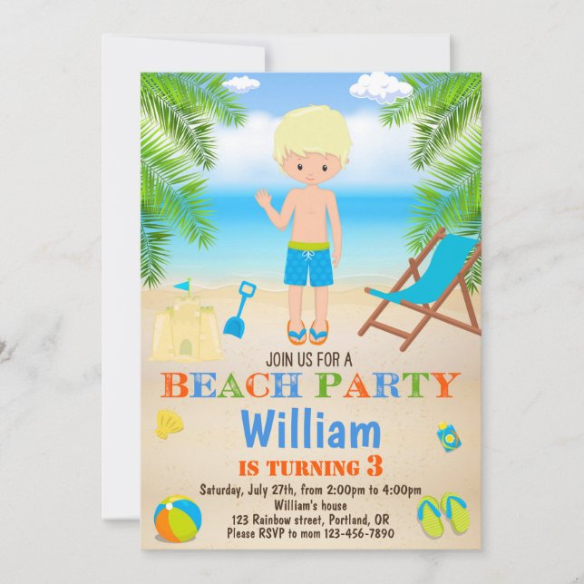 Invitación de cumpleaños de playa Invitación de ni (Anverso)