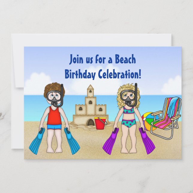 Invitación de cumpleaños de playa para niños y Chi (Anverso)