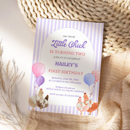 Invitación de cumpleaños de pollo morado pastel