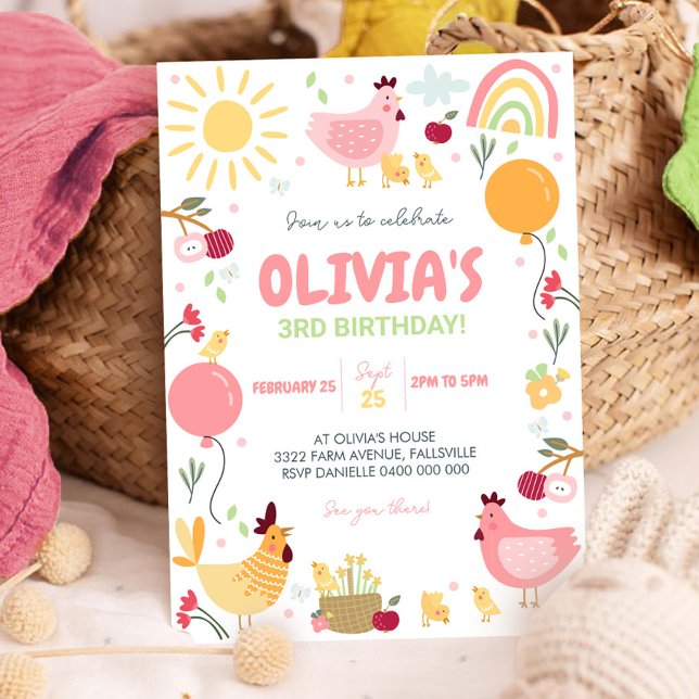 Invitación de cumpleaños de pollo Primavera de pol (Chicken Birthday Invitation)