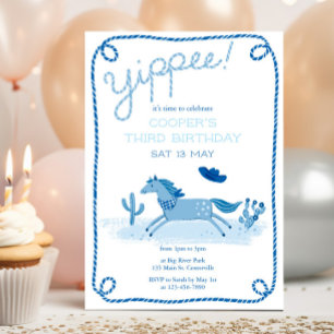 Invitación de cumpleaños de poni occidental azul
