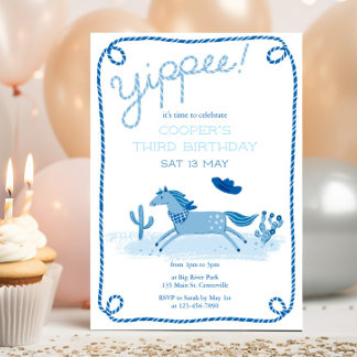 Invitación de cumpleaños de poni occidental azul