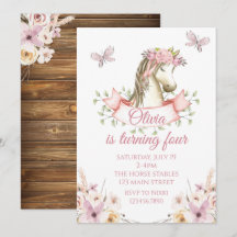 Invitación de cumpleaños de pony bonito floral boh