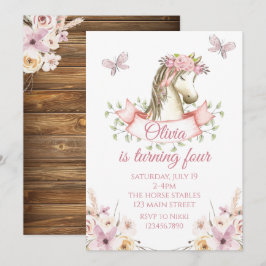 Invitación de cumpleaños de pony bonito floral boh