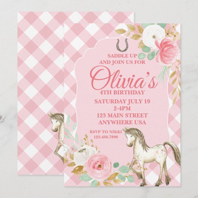 Invitación de cumpleaños de pony bonito floral boh (Anverso / Reverso)