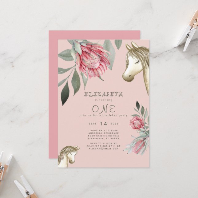 Invitación de cumpleaños de pony floral rosa (Anverso/Reverso In Situ)