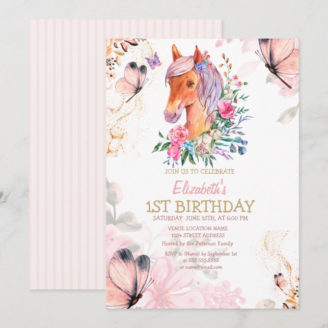 Invitación de cumpleaños de pony lindo con flores  (Anverso / Reverso)