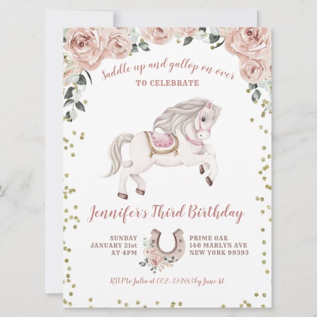 Invitación de cumpleaños de Pony Rosa Chica Saddle (Anverso)