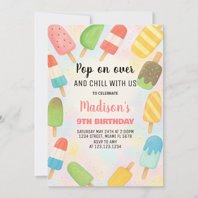 Invitación de cumpleaños de Popsicle moderna (Anverso)