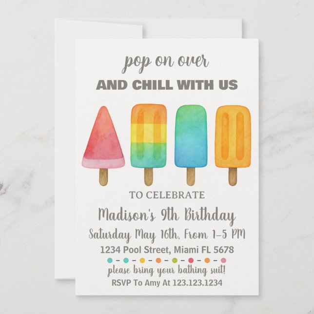 Invitación de cumpleaños de Popsicle para niños (Anverso)