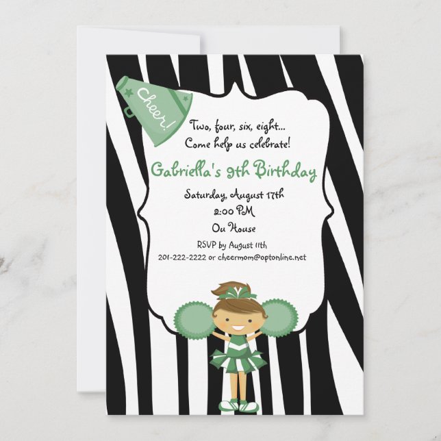Invitación de cumpleaños de porrista verde a rayas (Anverso)