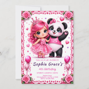 Invitación de cumpleaños de Pretty Pink Panda y Pr