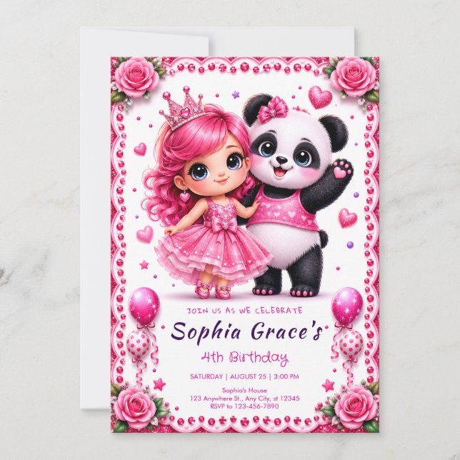 Invitación de cumpleaños de Pretty Pink Panda y Pr (Anverso)