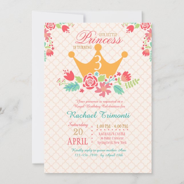 Invitación de cumpleaños de princesa (Anverso)