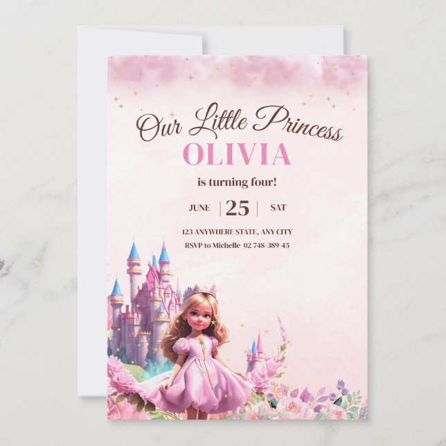 Invitación de cumpleaños de princesa Castillo de p (Anverso)