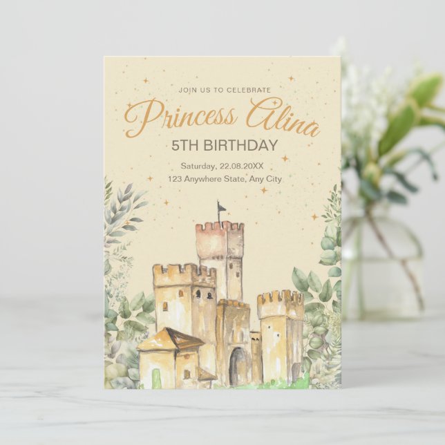Invitación de cumpleaños de princesa Castillo de p (Anverso de pie)