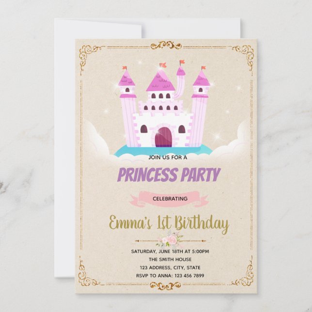 Invitación de cumpleaños de princesa de castillo d (Anverso)