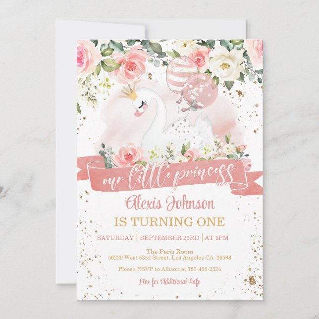Invitación de cumpleaños de princesa de cisne con  (Anverso)