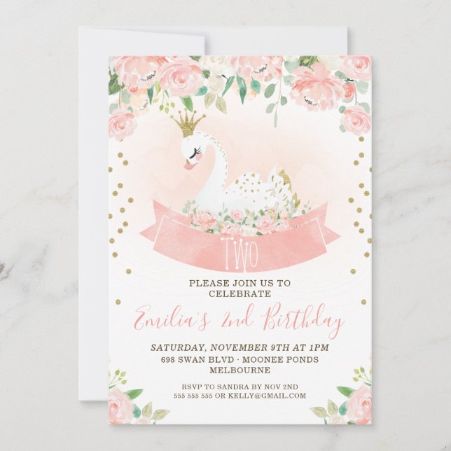Invitación de cumpleaños de Princesa de Cisne Flor (Anverso)