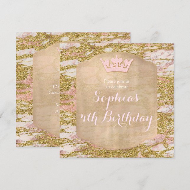 Invitación de cumpleaños de princesa de oro rosa (Anverso / Reverso)
