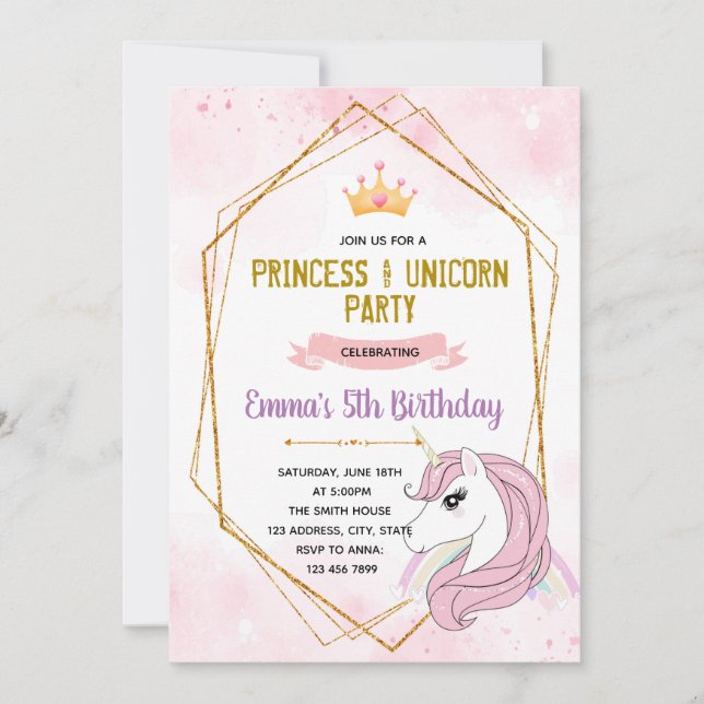 Invitación de cumpleaños de princesa de unicornio (Anverso)