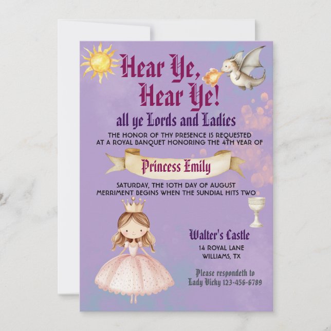 Invitación de cumpleaños de princesa del Renacimie (Anverso)