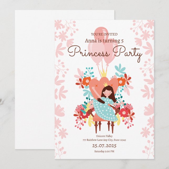 Invitación de cumpleaños de princesa, Editable pri (Anverso / Reverso)