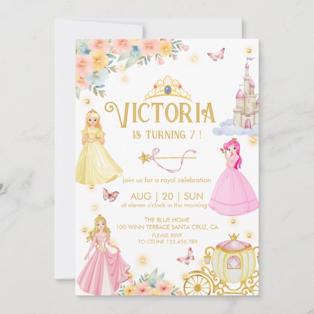 Invitación de cumpleaños de princesa elegante (Anverso)