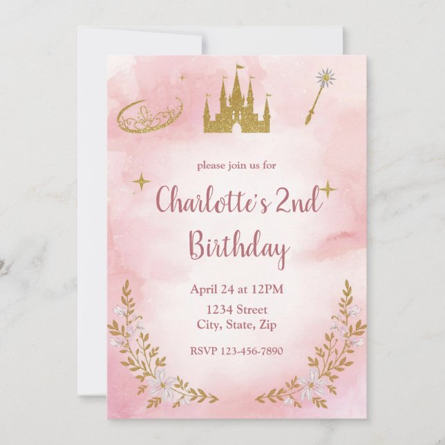Invitación de cumpleaños de princesa encantada pas (Anverso)