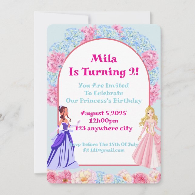 invitación de cumpleaños de princesa floral (Anverso)