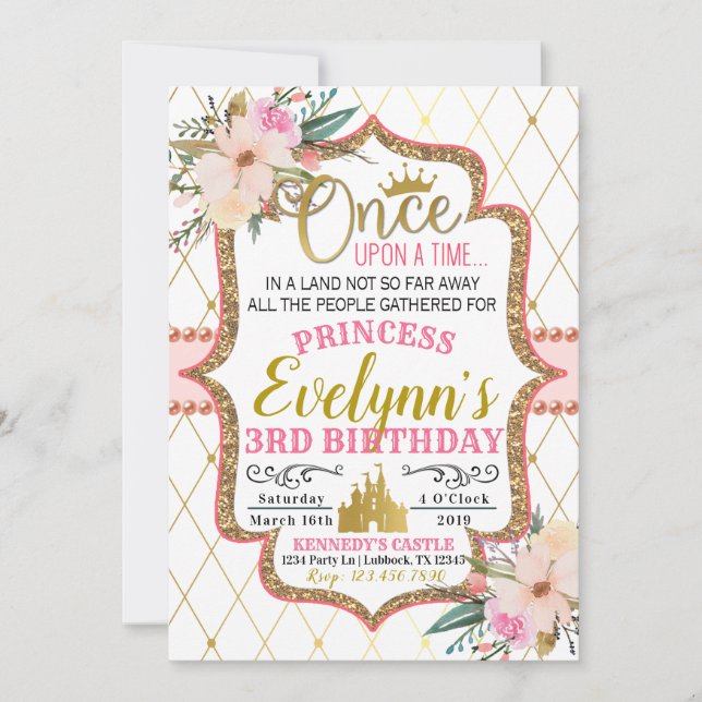 Invitación de cumpleaños de Princesa Floral de Oro (Anverso)