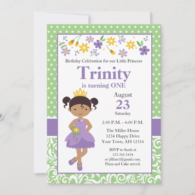 Invitación de cumpleaños de princesa, invitación d (Anverso)