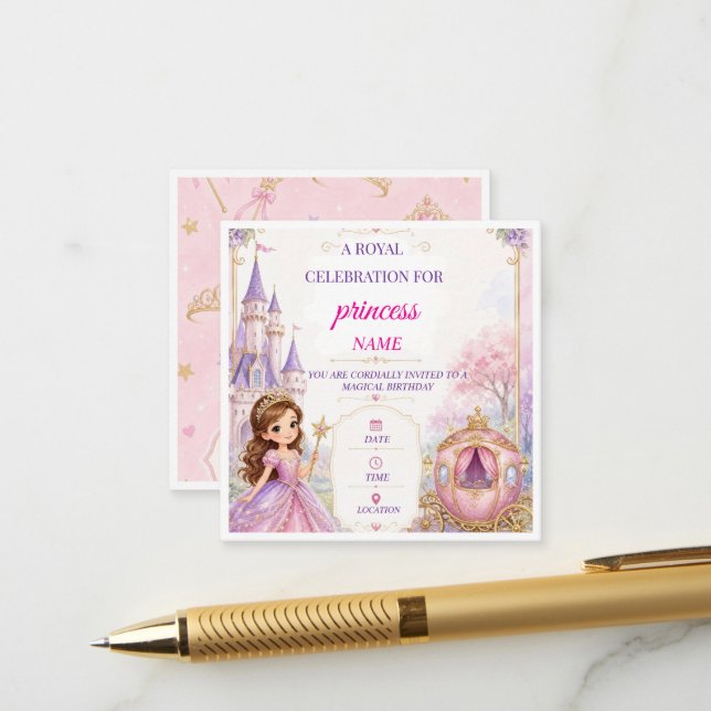  Invitación de cumpleaños de princesa mágica linda (Anverso/Reverso In Situ)