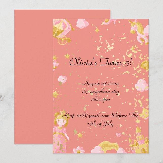 invitación de cumpleaños de princesa rosa (Anverso / Reverso)