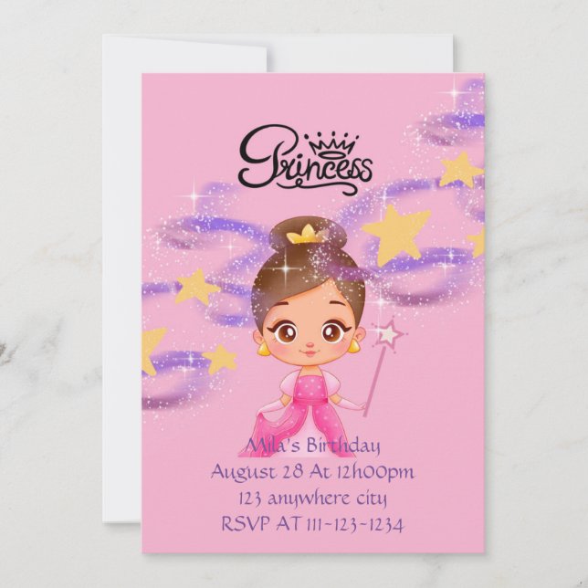 invitación de cumpleaños de princesa rosa (Anverso)