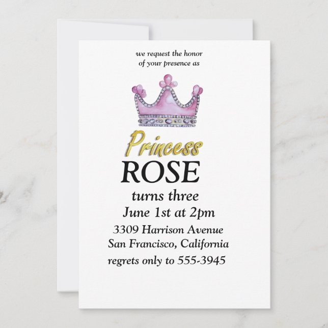 Invitación de cumpleaños de princesa rosa y dorado (Anverso)