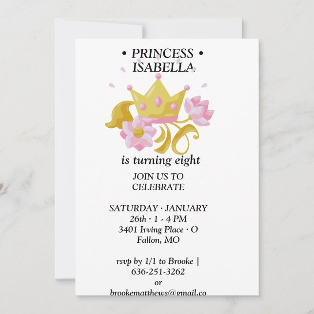 Invitación de cumpleaños de princesa rosa y dorado (Anverso)