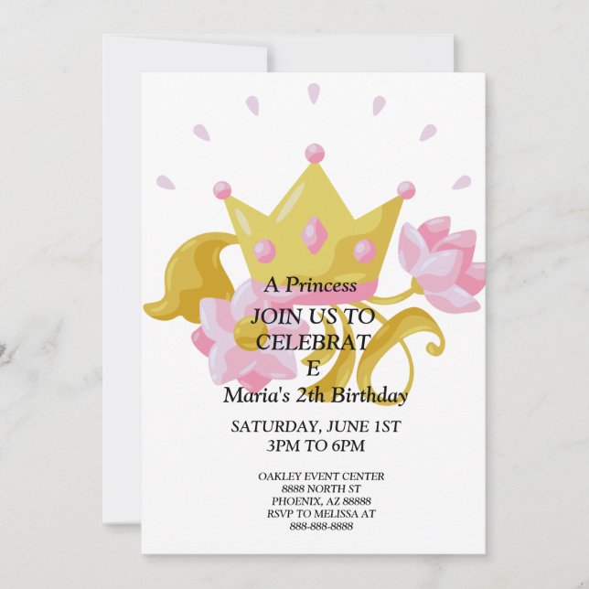 Invitación de cumpleaños de princesa rosa y dorado (Anverso)