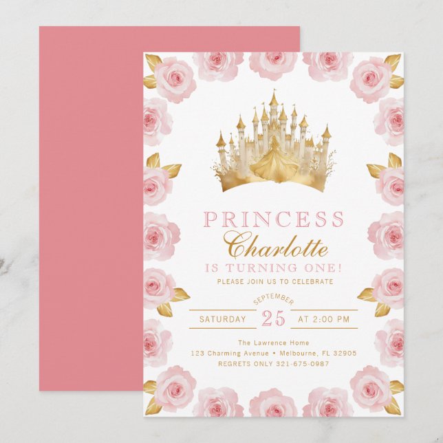 Invitación de cumpleaños de Princesa Rosa y Oro (Anverso / Reverso)