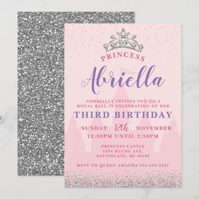 Invitación de cumpleaños de Princesa Rosa y Plata (Anverso / Reverso)