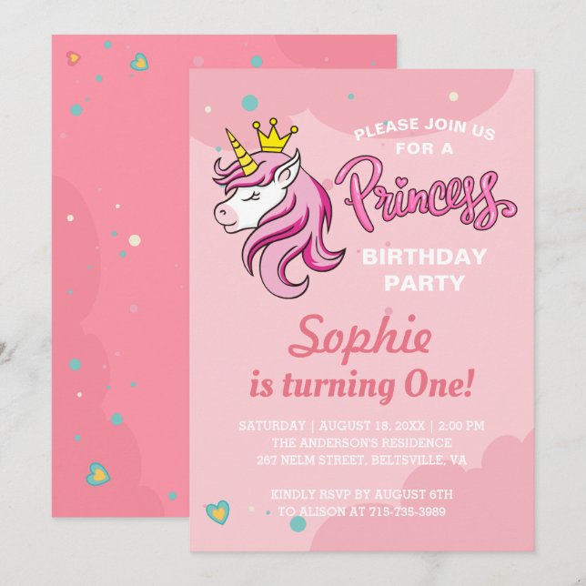 Invitación de cumpleaños de princesa unicornio par (Anverso / Reverso)